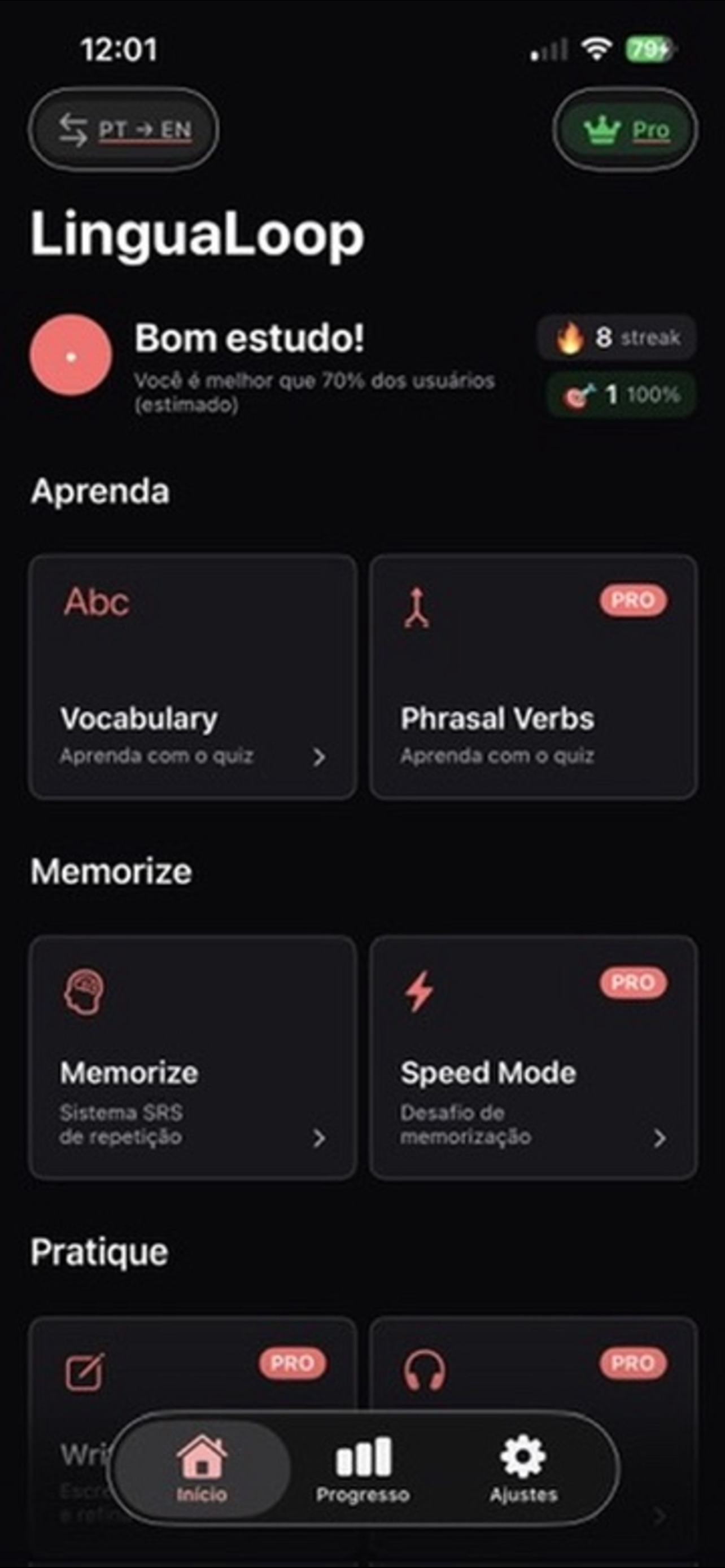 Tela inicial do LinguaLoop mostrando módulos de aprendizado
